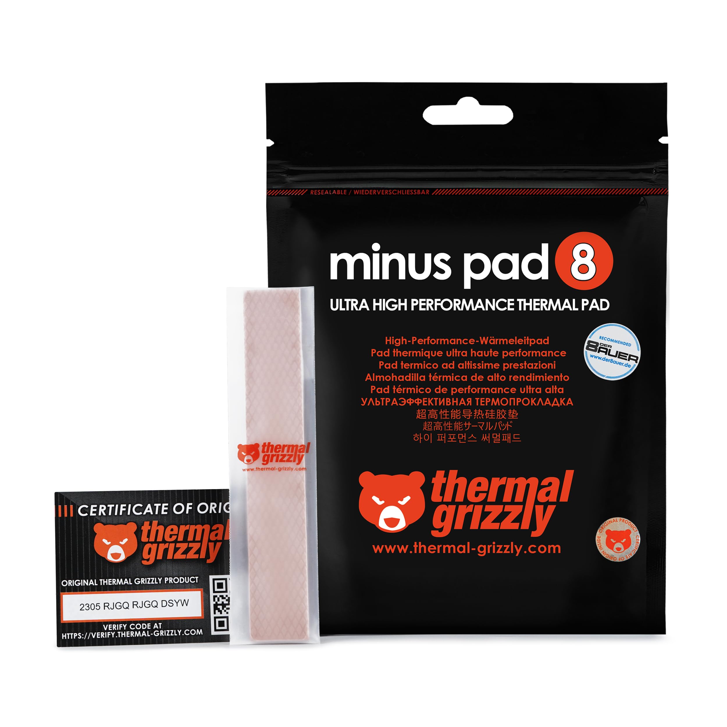Thermal Grizzly Minus Pad 8-120x20mm Thermal Interface Pad, Electrically Non-Conductive, High Thermal Conductivity & Compressibility for SSDs, GPUs & Electronics