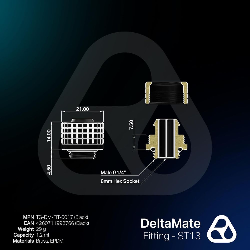 DeltaMate - ST13 - Soft Tube Fitting  - CNC-machined brass - G1/4" thread, ID/OD 10/13mm - for flexible tubing in water-cooling systems