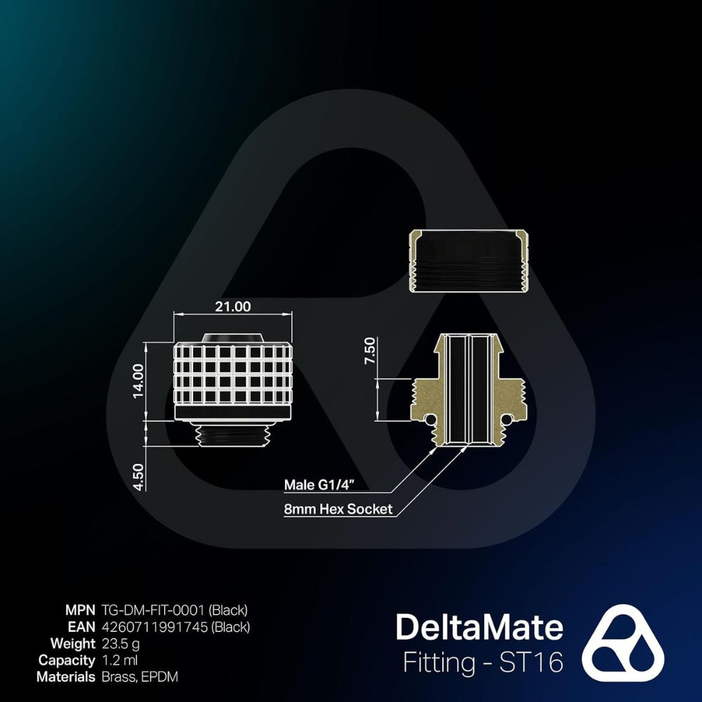 DeltaMate - ST16 - Soft Tube Fitting - CNC-machined Brass - G1/4" Thread, ID/OD 10/16mm - for Flexible tubing in Water-Cooling Systems