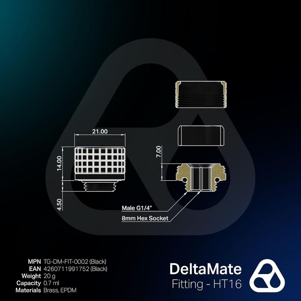 DeltaMate - HT16 - Hard Tube Fitting - CNC-machined Brass - G1/4" Thread, OD 16mm - for Rigid Plastic/Metal tubing in Water-Cooling Systems