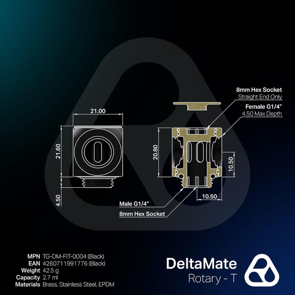 DeltaMate - Extender MF10 - Extender Fitting 10mm - CNC-machined Brass - G1/4" Male & Female Thread - for Modular Combinations in Water-Cooling Systems