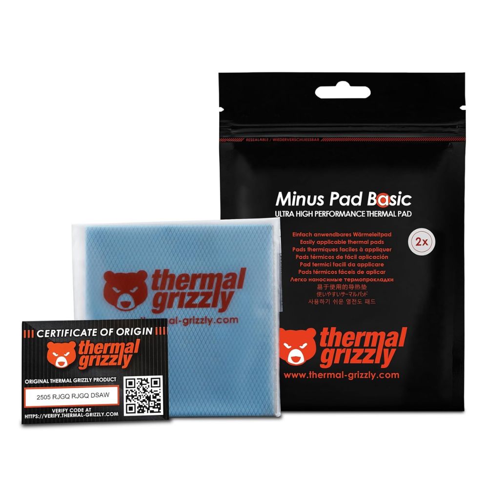 Thermal Grizzly Minus Pad Basic - 100x100 - Thermal Interface Pad, Electrically Non-Conductive, High Thermal Conductivity & Compressibility for SSDs, GPUs & Electronics (2 Pack)