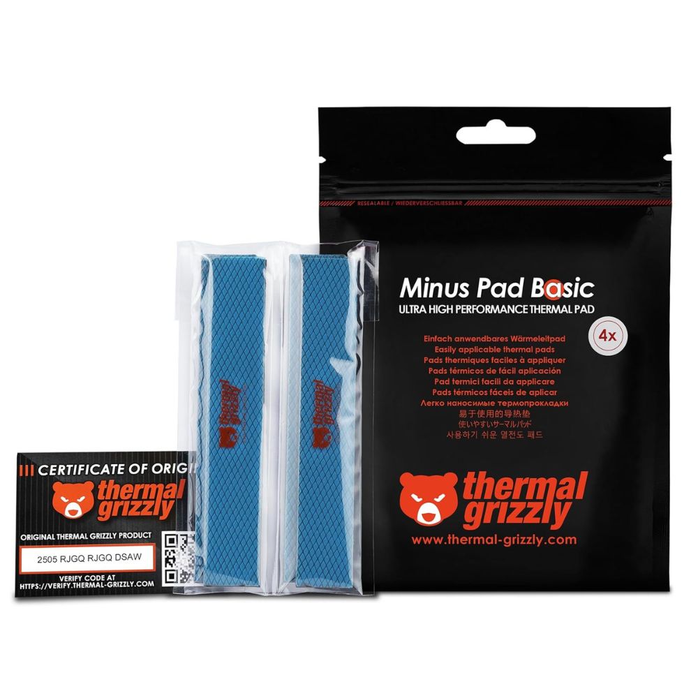 Thermal Grizzly Minus Pad Basic - 120x20 - Thermal Interface Pad, Electrically Non-Conductive, High Thermal Conductivity & Compressibility for SSDs, GPUs & Electronics (4 Pack)