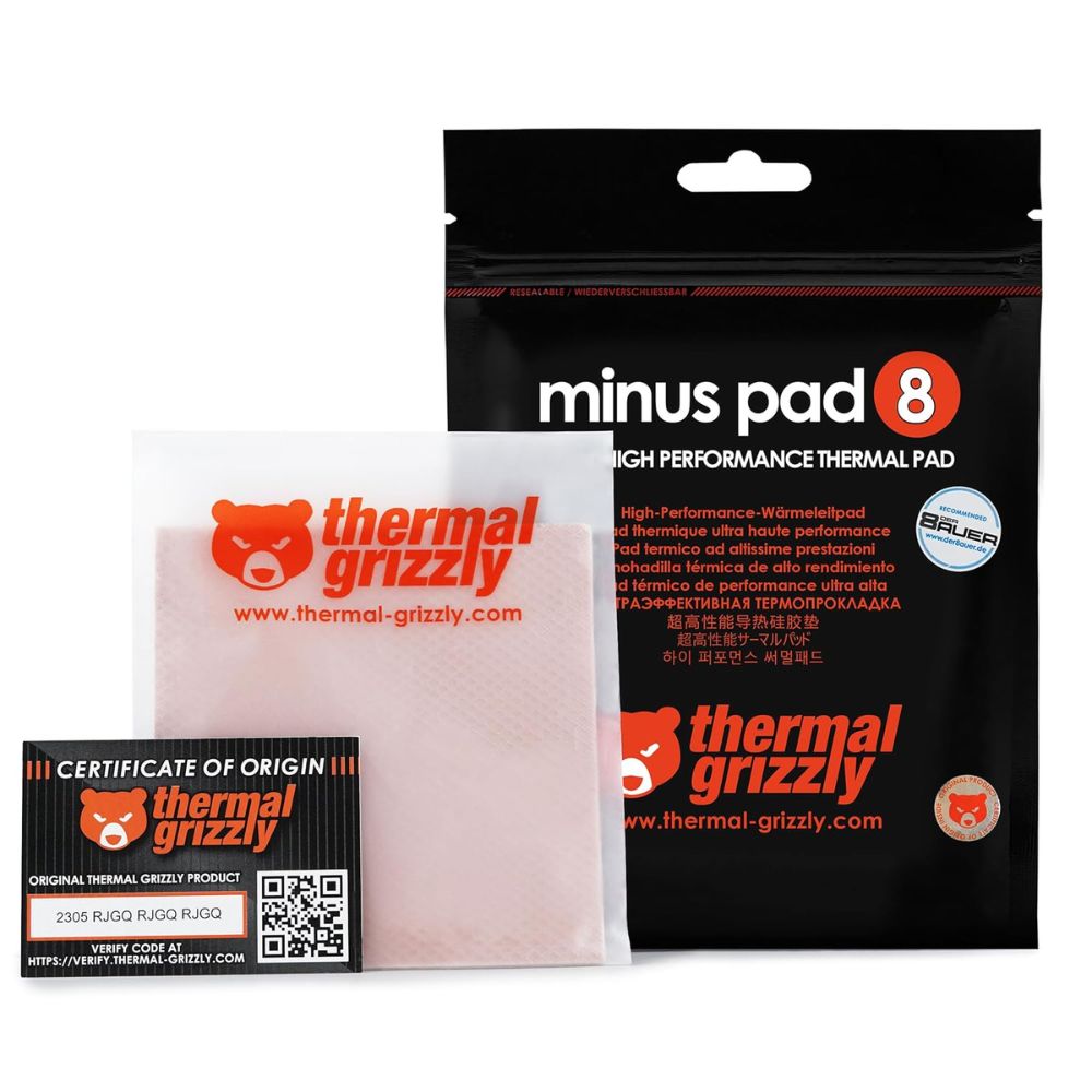 Thermal Grizzly Minus Pad 8 - 100x100- Thermal Interface Pad, Electrically Non-Conductive, High Thermal Conductivity & Compressibility for SSDs, GPUs & Electronics (2 Pack)