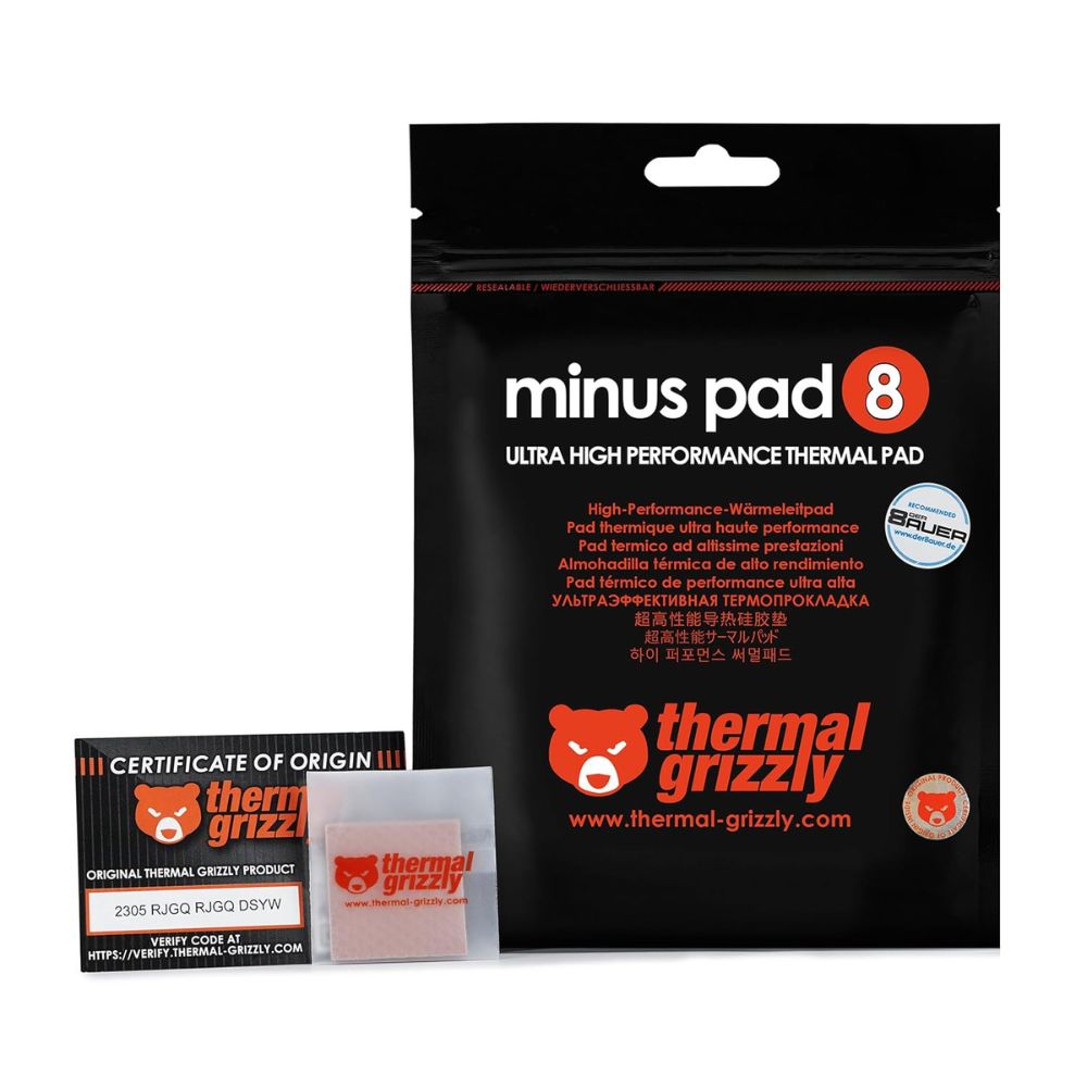 Thermal Grizzly Minus Pad 8 - 30 × 30 - Thermal Interface Pad, Electrically Non-Conductive, High Thermal Conductivity & Compressibility for SSDs, GPUs & Electronics
