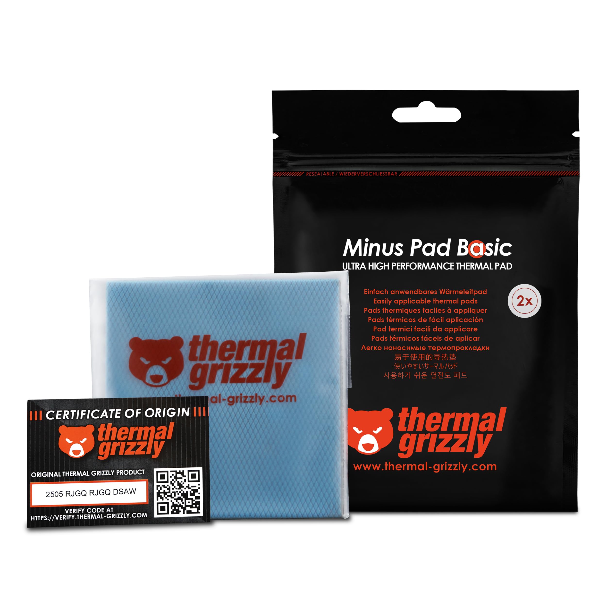 Thermal Grizzly Minus Pad Basic – 2-Pack Thermal Interface Pad, 100x100x0.5mm, Electrically Non-Conductive, High Thermal Conductivity & Compressibility for SSDs, GPUs & Electronics