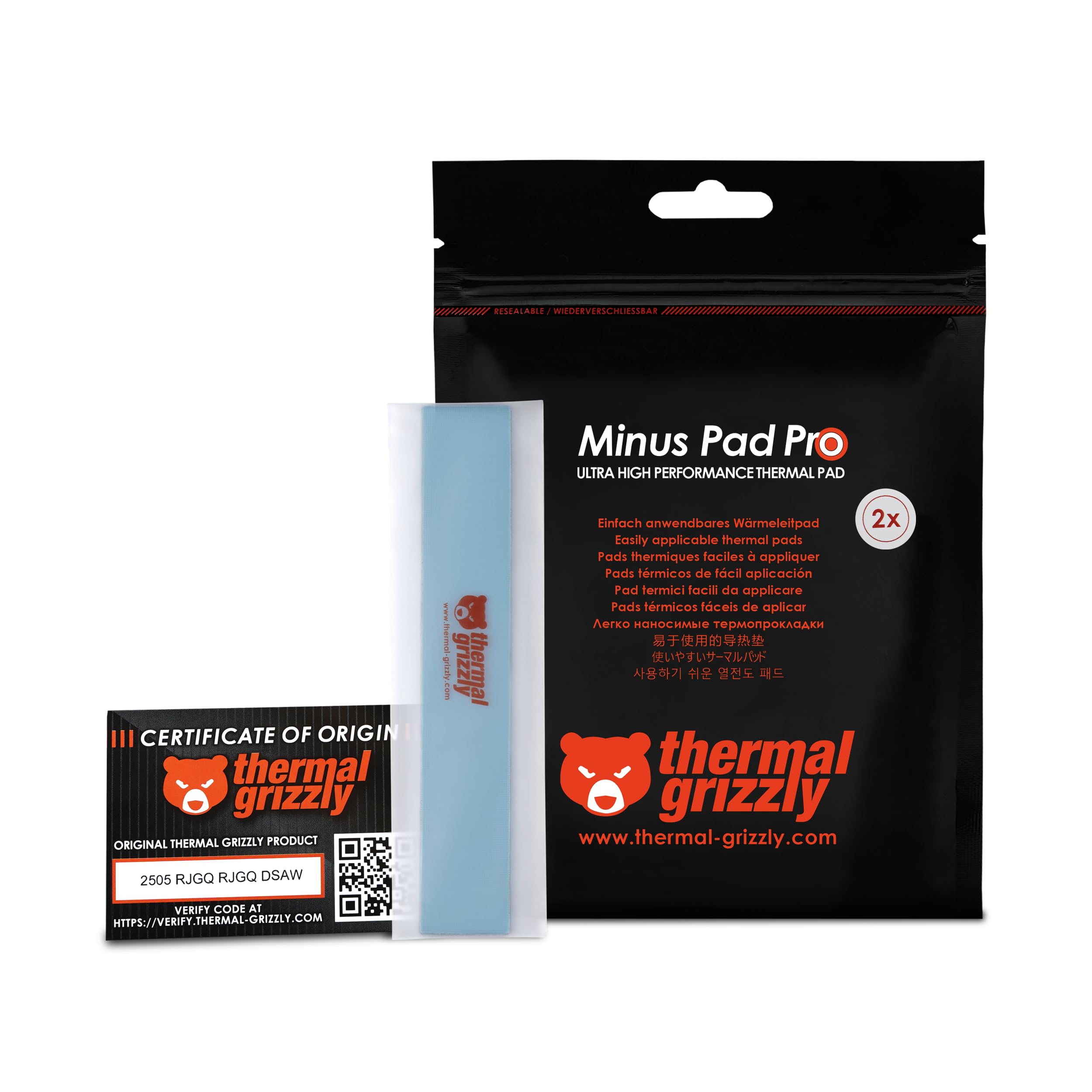 Thermal Grizzly Minus Pad Pro – 2-Pack Thermal Interface Pad, 120x20x0.5mm, Electrically Non-Conductive, High Thermal Conductivity & Compressibility for SSDs, GPUs & Electronics