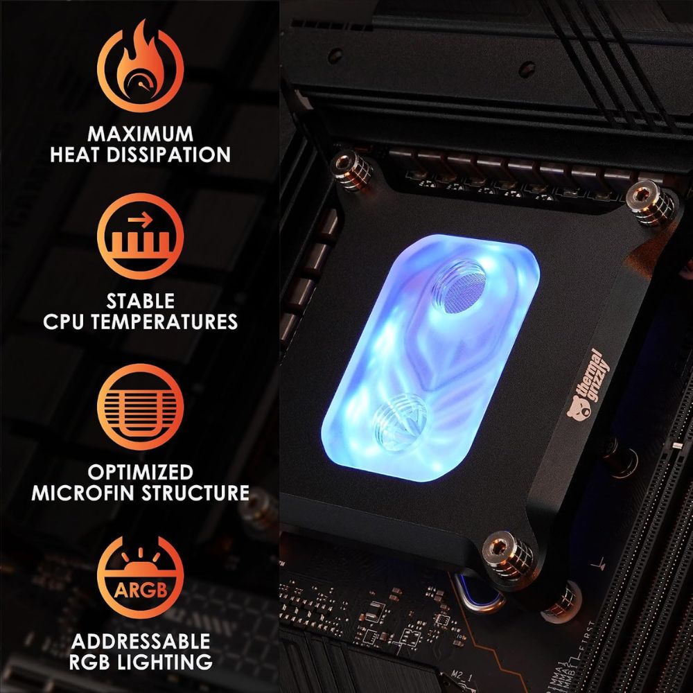 Thermal Grizzly Mycro Pro RGB - CPU Waterblock for Intel LGA1851/1700 - G1/4 High Performance Liquid Cooling Block, Precision-Machined Nickel-Plated Copper Cold Plate, 0.2mm Microfins and Filter