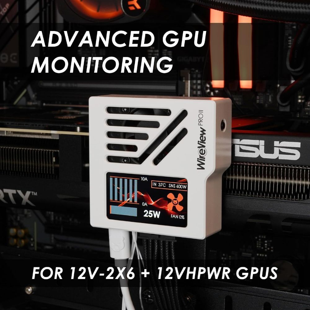 Thermal Grizzly WireView Pro II GPU White - GPU Monitoring Device for 12V-2x6 and 12VHPWR Graphics Cards with Per-Pin Current Monitoring, TFT-IPS Display and 90-Degree Cable Routing