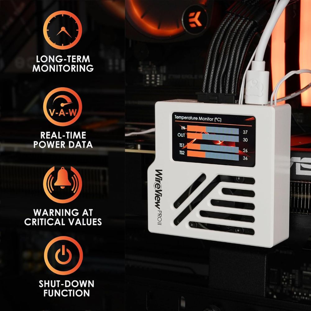 Thermal Grizzly WireView Pro II GPU White - GPU Monitoring Device for 12V-2x6 and 12VHPWR Graphics Cards with Per-Pin Current Monitoring, TFT-IPS Display and 90-Degree Cable Routing