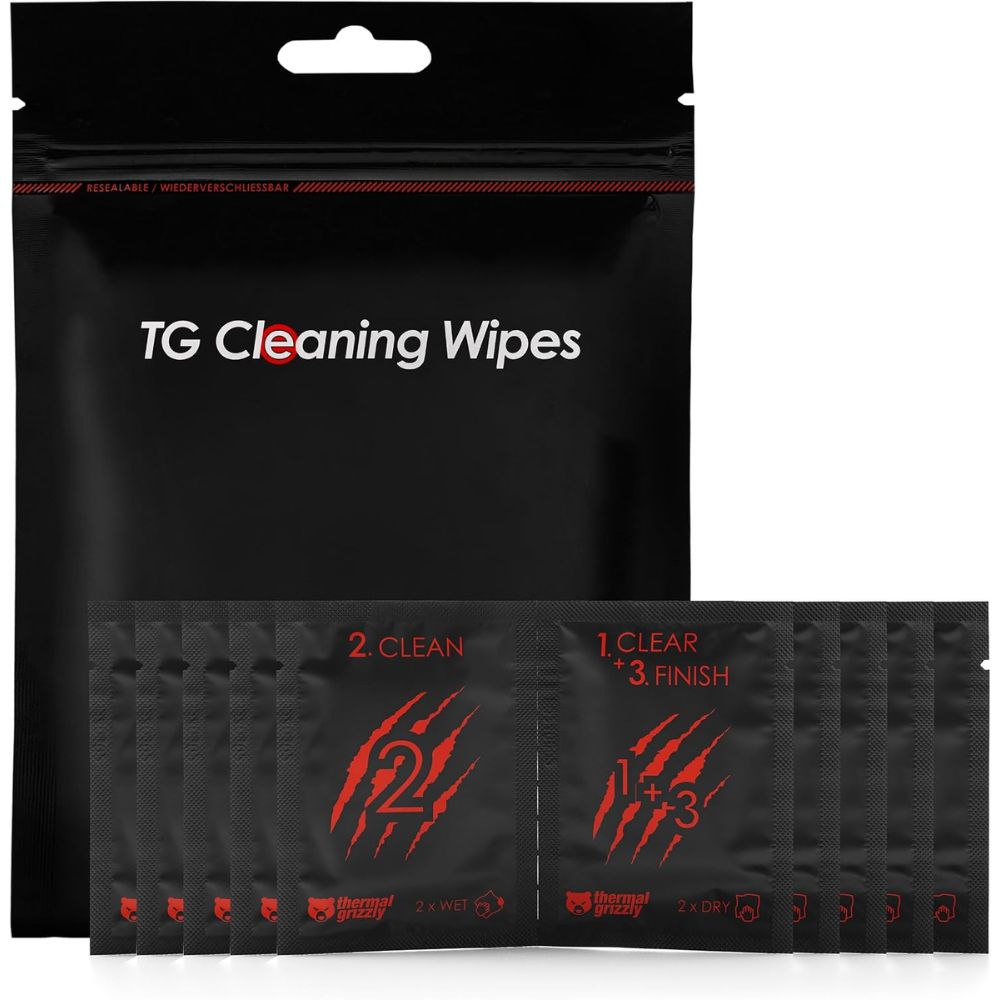 Thermal Grizzly TG Cleaning Wipes (10 Pcs - 20 Wet & 20 Dry Wipes) - Clean and Degrease Surfaces - Optimal Adhesion of Thermal Conductive Materials