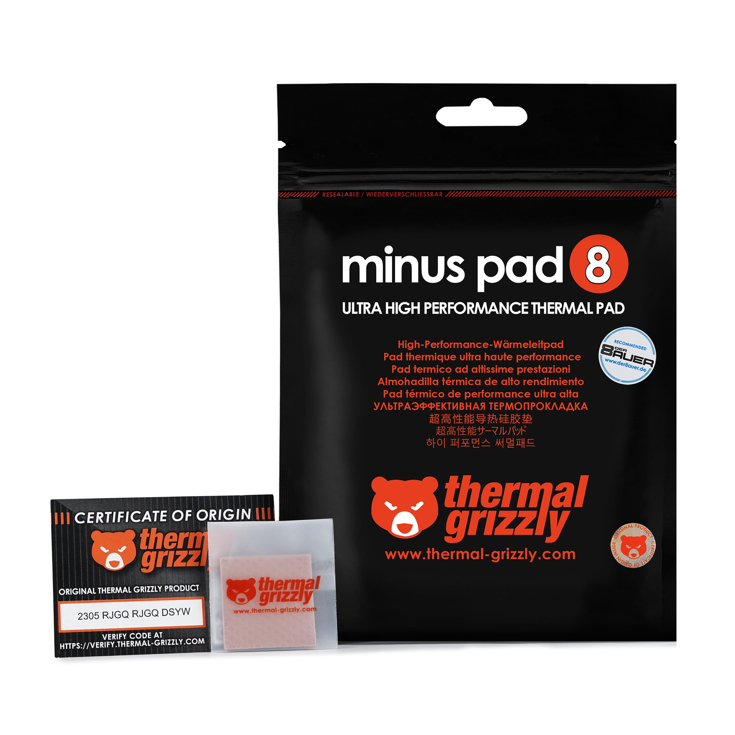 Thermal Grizzly Minus Pad 8 (30x30mm) Thermal Interface Pad, Electrically Non-Conductive, High Thermal Conductivity & Compressibility for SSDs, GPUs & Electronics