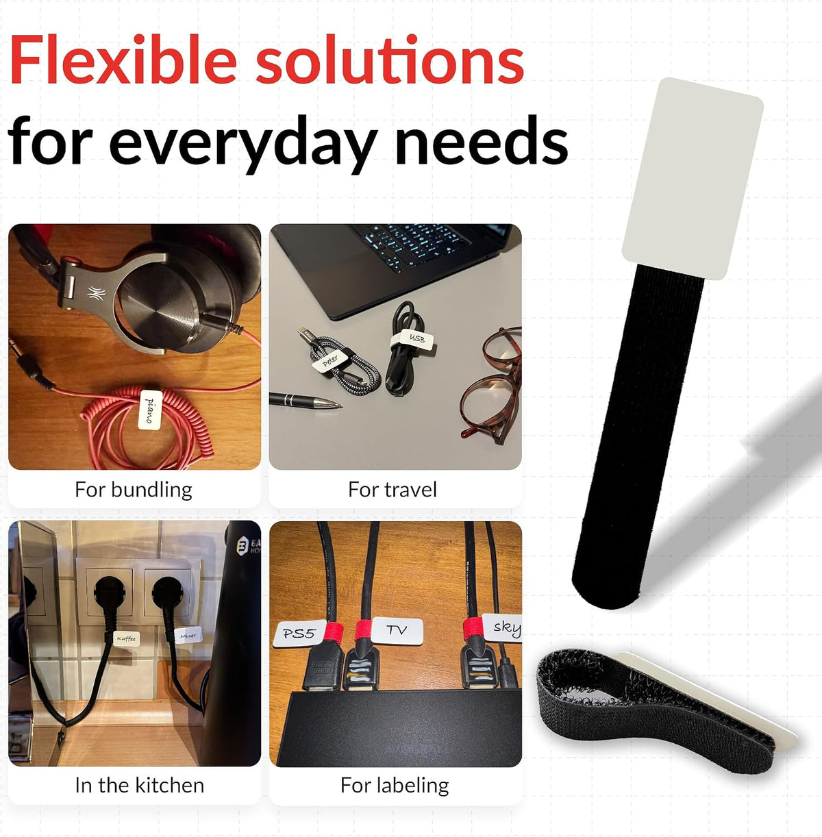 CABLE TAGS – Writable Hook and Loop Cable Ties 90mm x 12mm black 30-Pack – Reusable Cable Ties