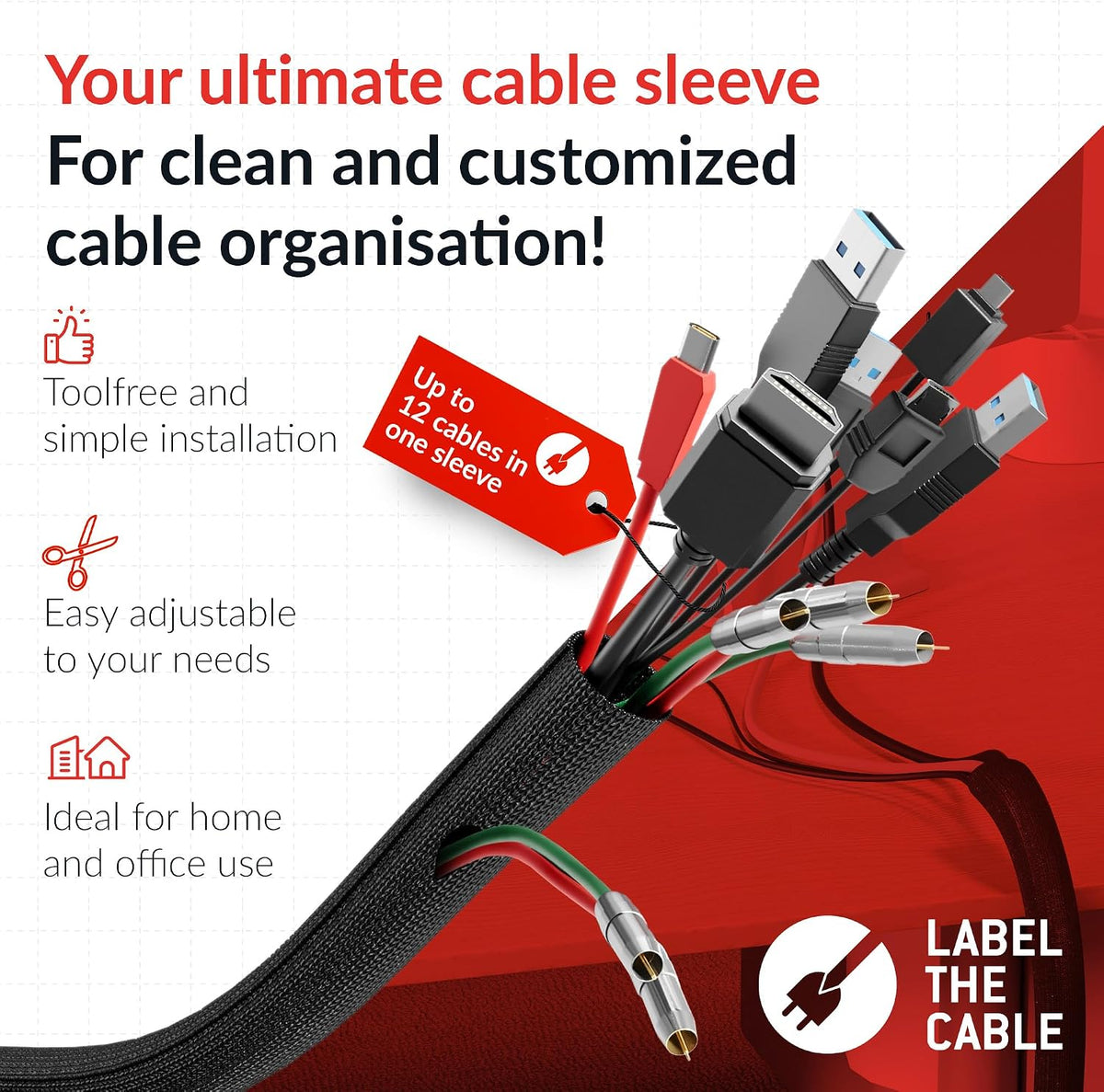 Cable Tube – Self-Closing & cuttable Cable Sleeve, 2m x 25mm, Black – Flexible Cable Channel for Cable Management