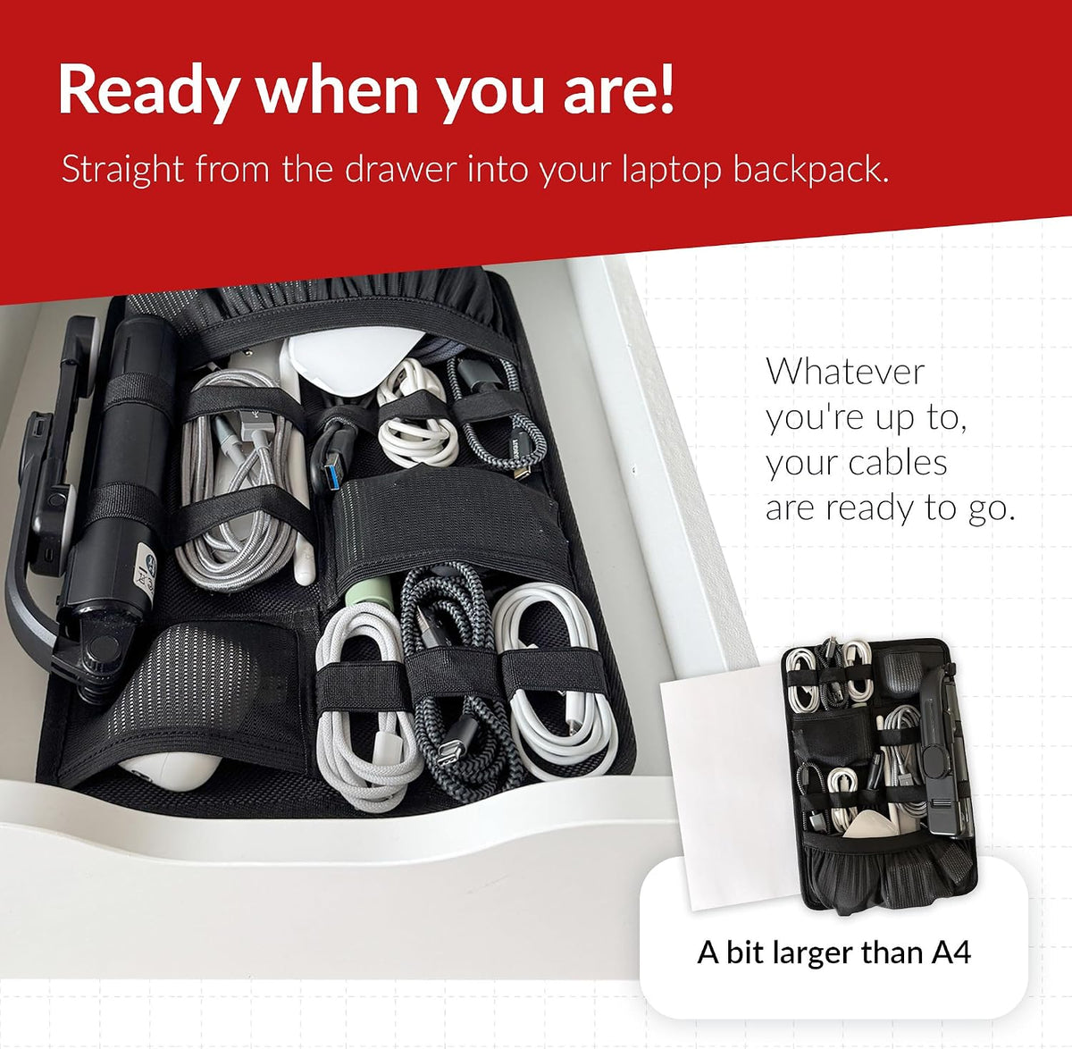 CABLE TRAVELLER M1 – Cable Organizer for Backpacks, 8.66 x 12.99 in, Black