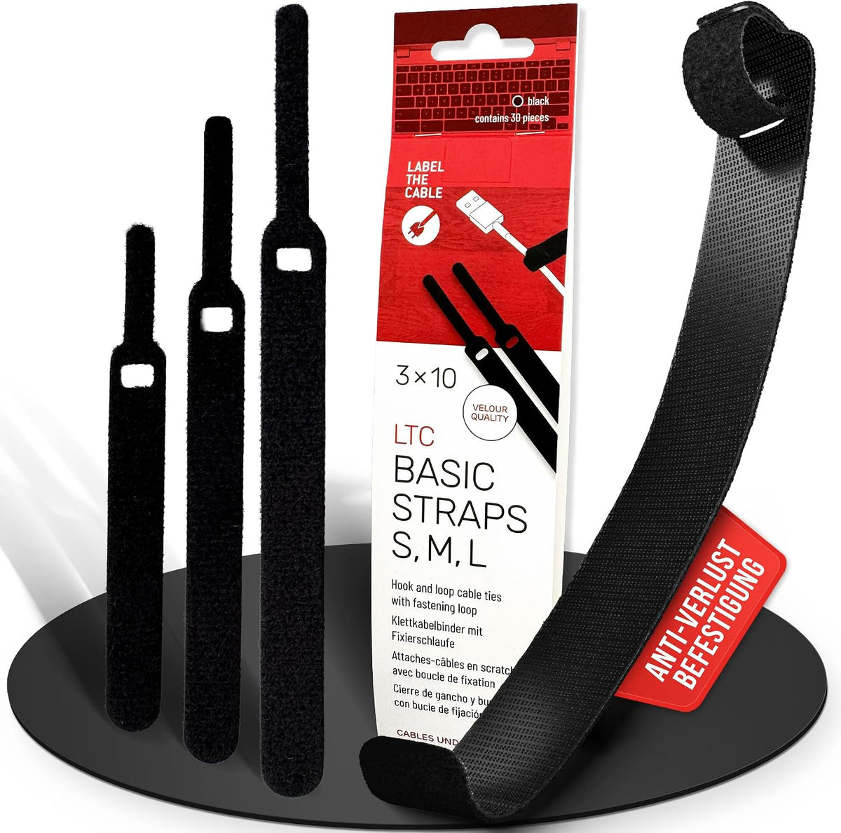 BASIC STRAPS – Hook and Loop Cable Ties 17cm x 14mm Black 30-Pack
