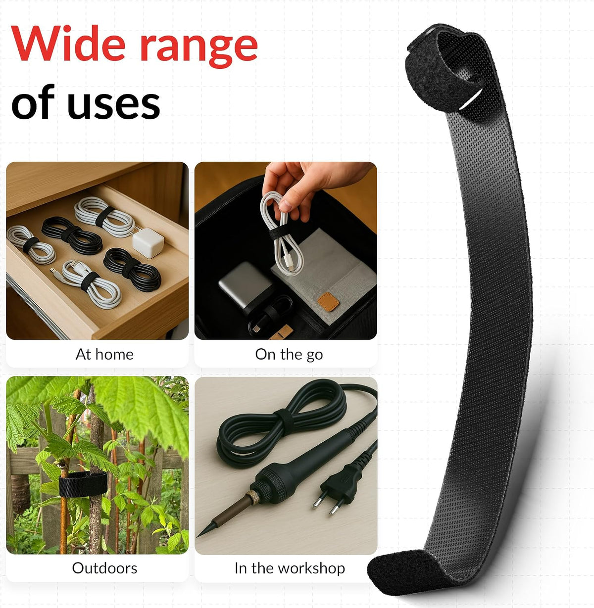 BASIC STRAPS – Hook and Loop Cable Ties 17cm x 14mm Black 30-Pack