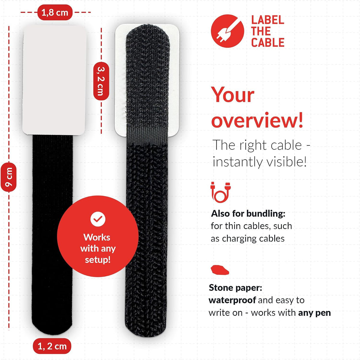 CABLE TAGS – Writable Hook and Loop Cable Ties 90mm x 12mm black 30-Pack – Reusable Cable Ties