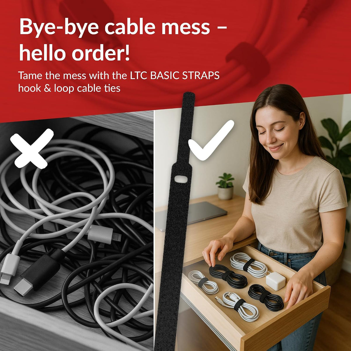 BASIC STRAPS – Hook and Loop Cable Ties 17cm x 14mm Black 30-Pack