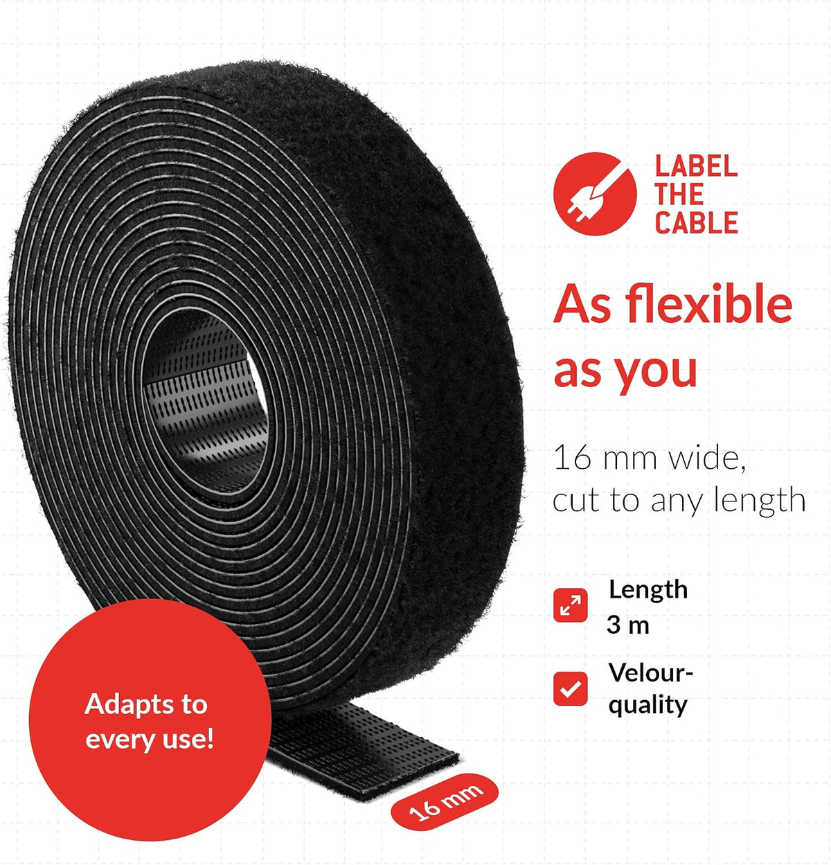 ROLL STRAP – Double-Sided & Cuttable Hook and Hoop Tape 3m x 16mm black – Hook & Loop Cable Ties
