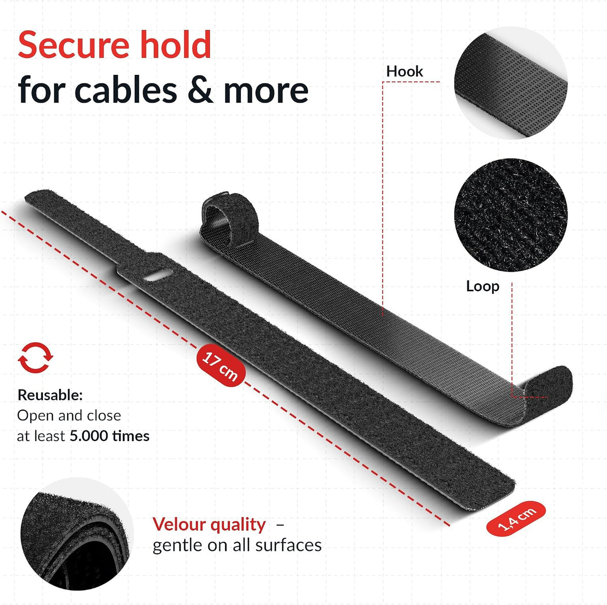 BASIC STRAPS – Hook and Loop Cable Ties 17cm x 14mm Black 30-Pack