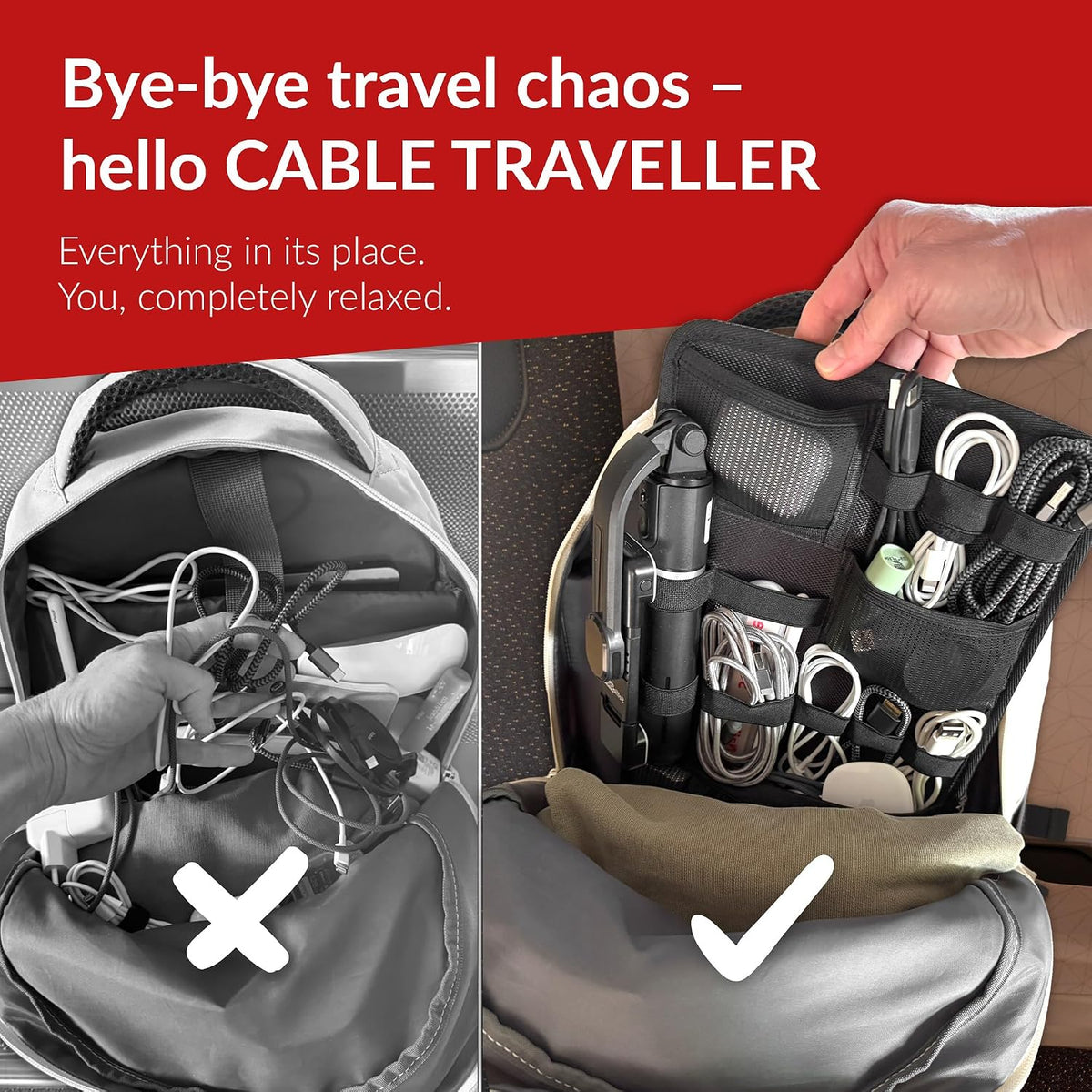 CABLE TRAVELLER M1 – Cable Organizer for Backpacks, 8.66 x 12.99 in, Black