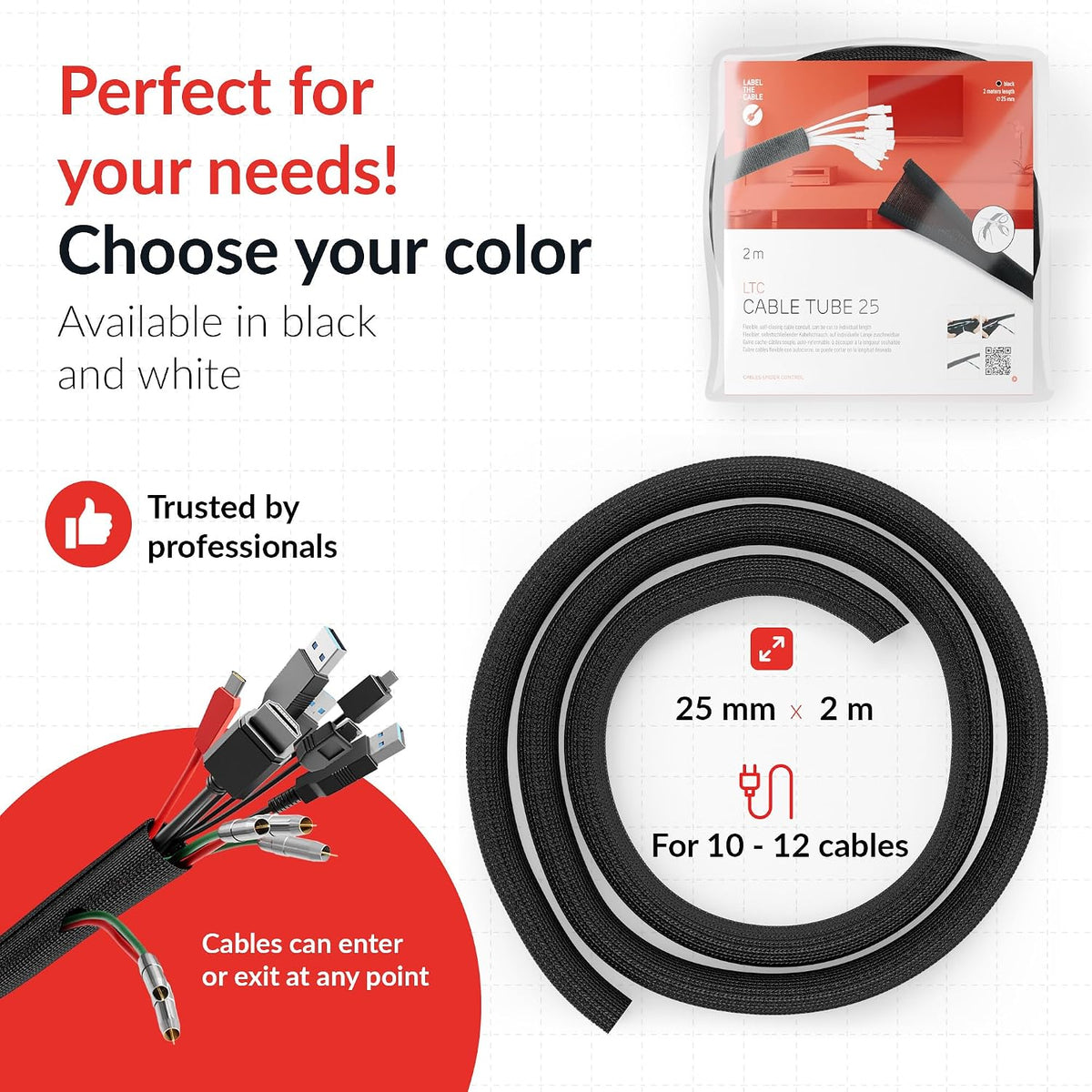Cable Tube – Self-Closing & cuttable Cable Sleeve, 2m x 25mm, Black – Flexible Cable Channel for Cable Management