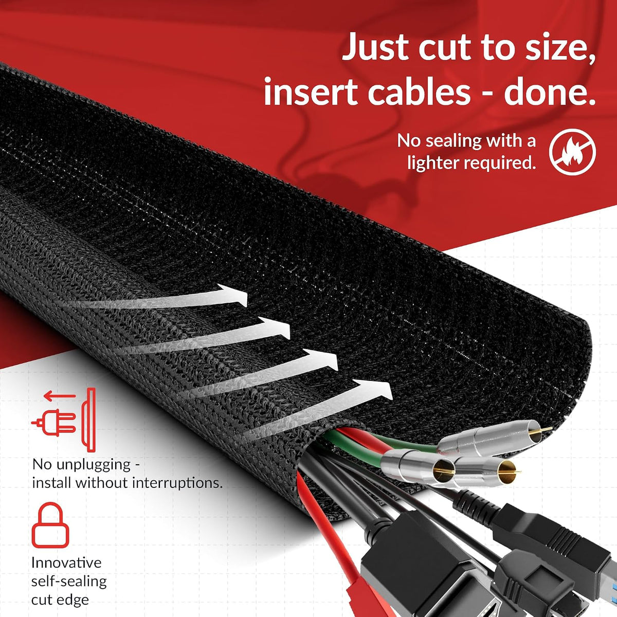 Cable Tube – Self-Closing & cuttable Cable Sleeve, 2m x 25mm, Black – Flexible Cable Channel for Cable Management