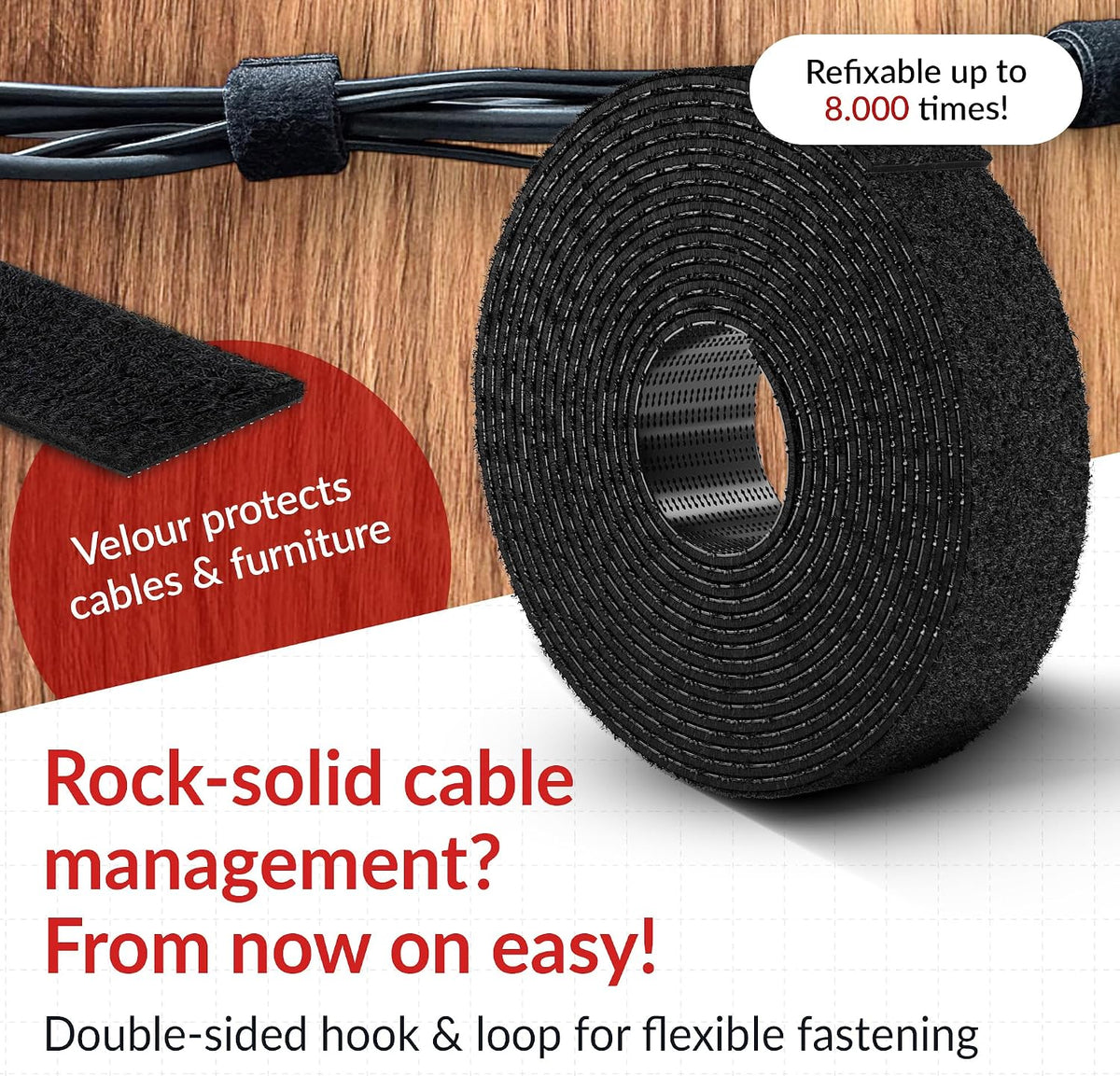 ROLL STRAP – Double-Sided & Cuttable Hook and Hoop Tape 3m x 16mm black – Hook & Loop Cable Ties
