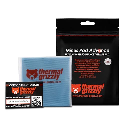 Thermal Grizzly Minus Pad Advance – 2-Pack Thermal Interface Pad, 100x100mm, Electrically Non-Conductive, High Thermal Conductivity & Compressibility for SSDs, GPUs & Electronics