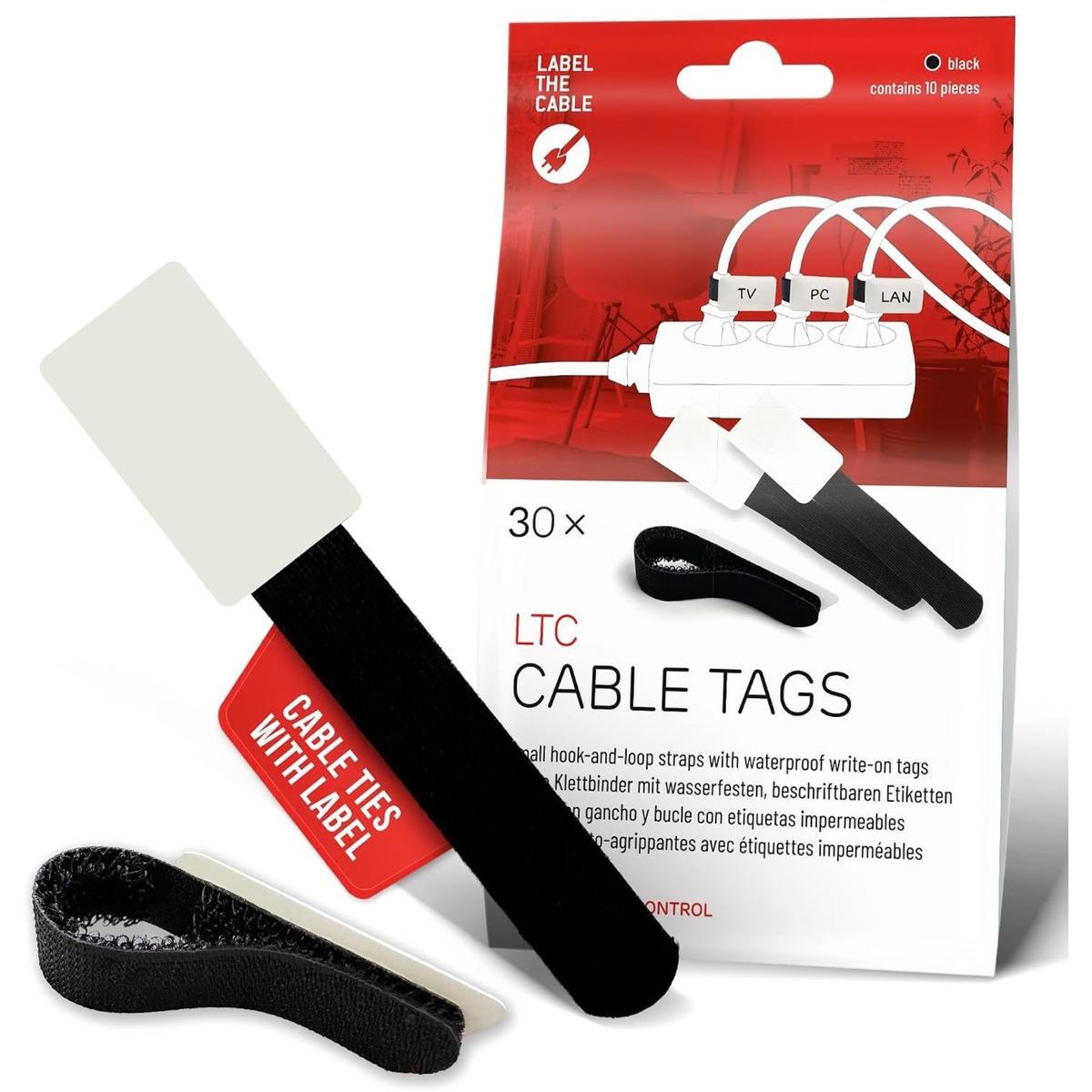 CABLE TAGS – Writable Hook and Loop Cable Ties 90mm x 12mm black 30-Pack – Reusable Cable Ties