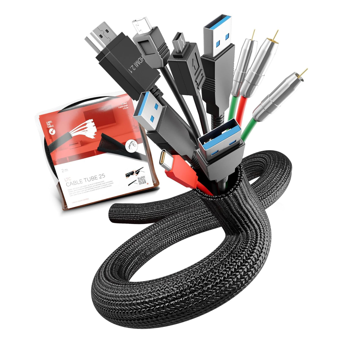 Cable Tube – Self-Closing & cuttable Cable Sleeve, 2m x 25mm, Black – Flexible Cable Channel for Cable Management