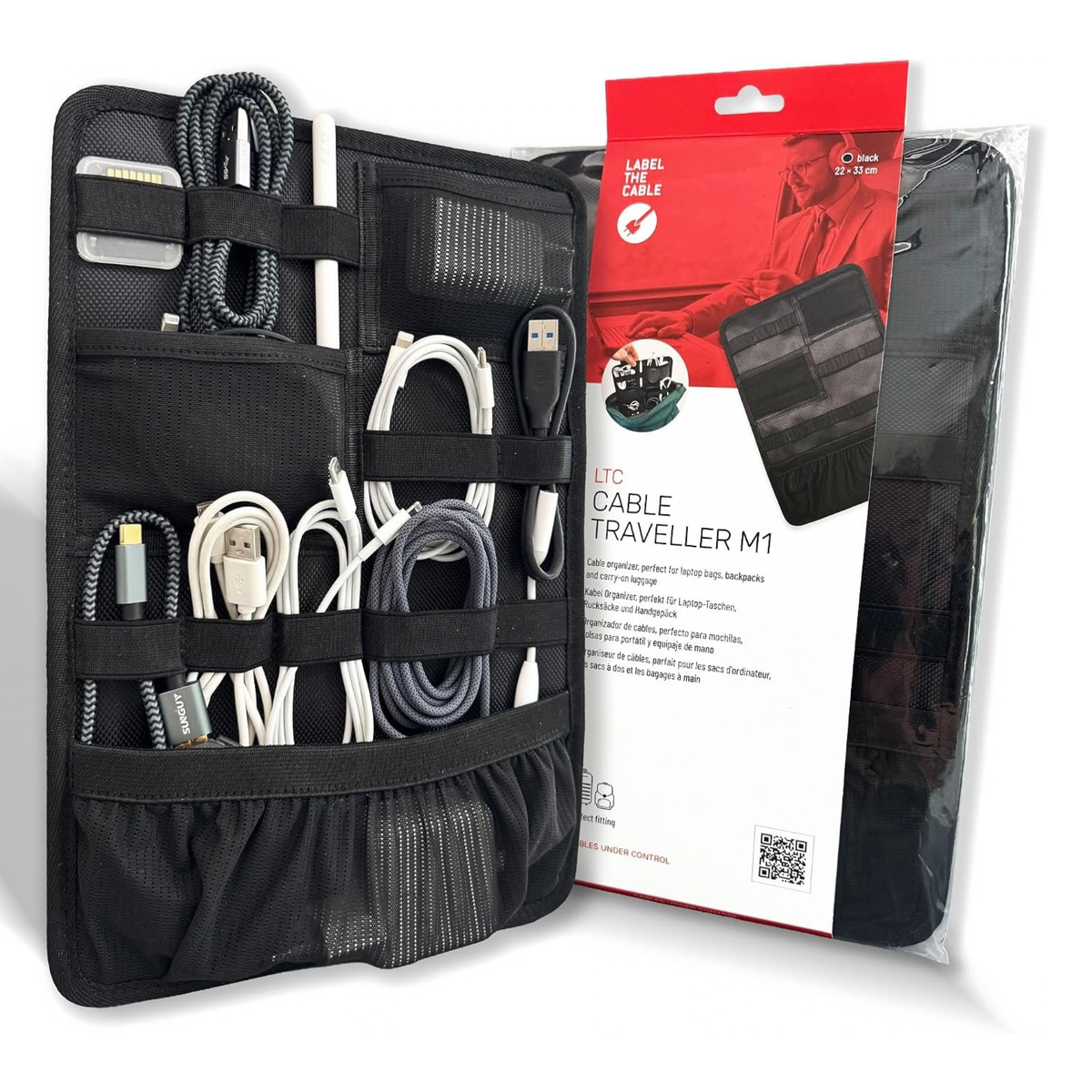 CABLE TRAVELLER M1 – Cable Organizer for Backpacks, 8.66 x 12.99 in, Black