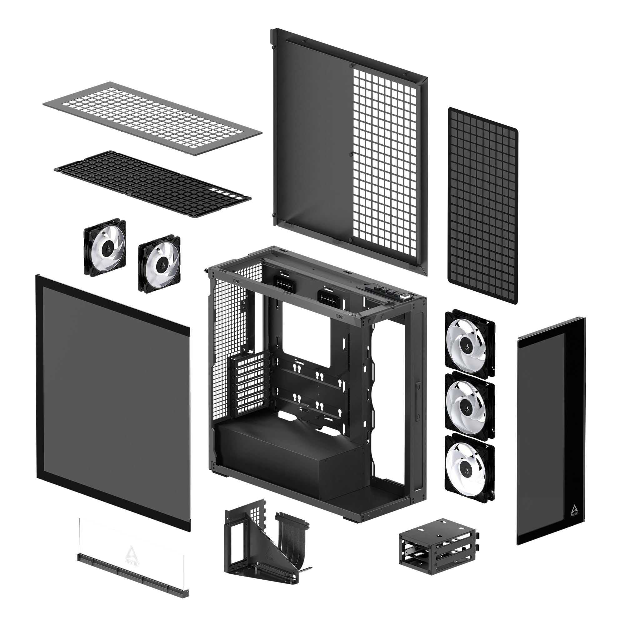 ARCTIC Xtender VG (Black) with Vertical GPU Mount - PC Case, Tempered Panorama Glass, 2 x 420 mm Radiator Support, Midi Tower, E-ATX, 5X A-RGB Fans pre-Mounted - Black
