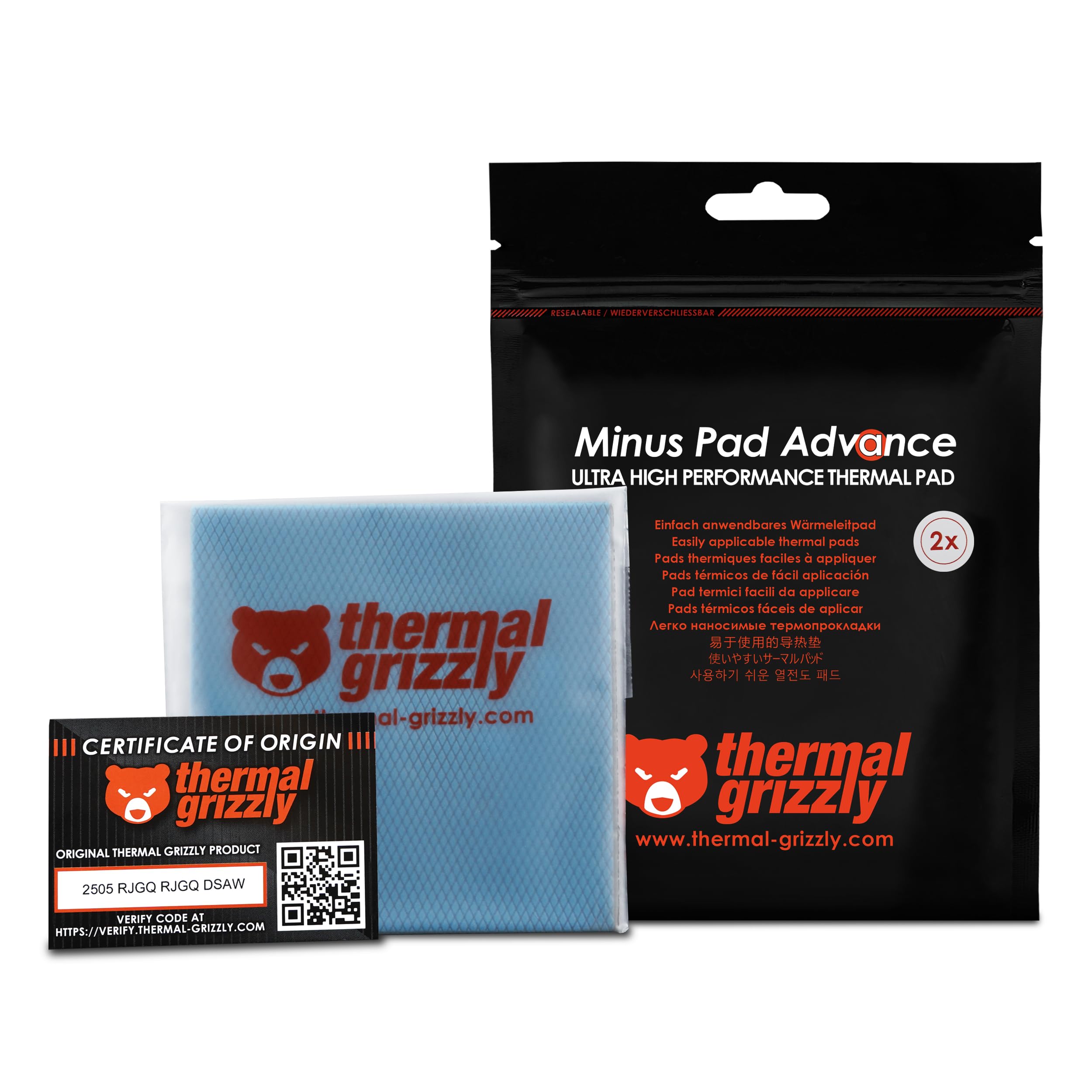 Thermal Grizzly Minus Pad Advance – 2-Pack Thermal Interface Pad, 100x100mm, Electrically Non-Conductive, High Thermal Conductivity & Compressibility for SSDs, GPUs & Electronics