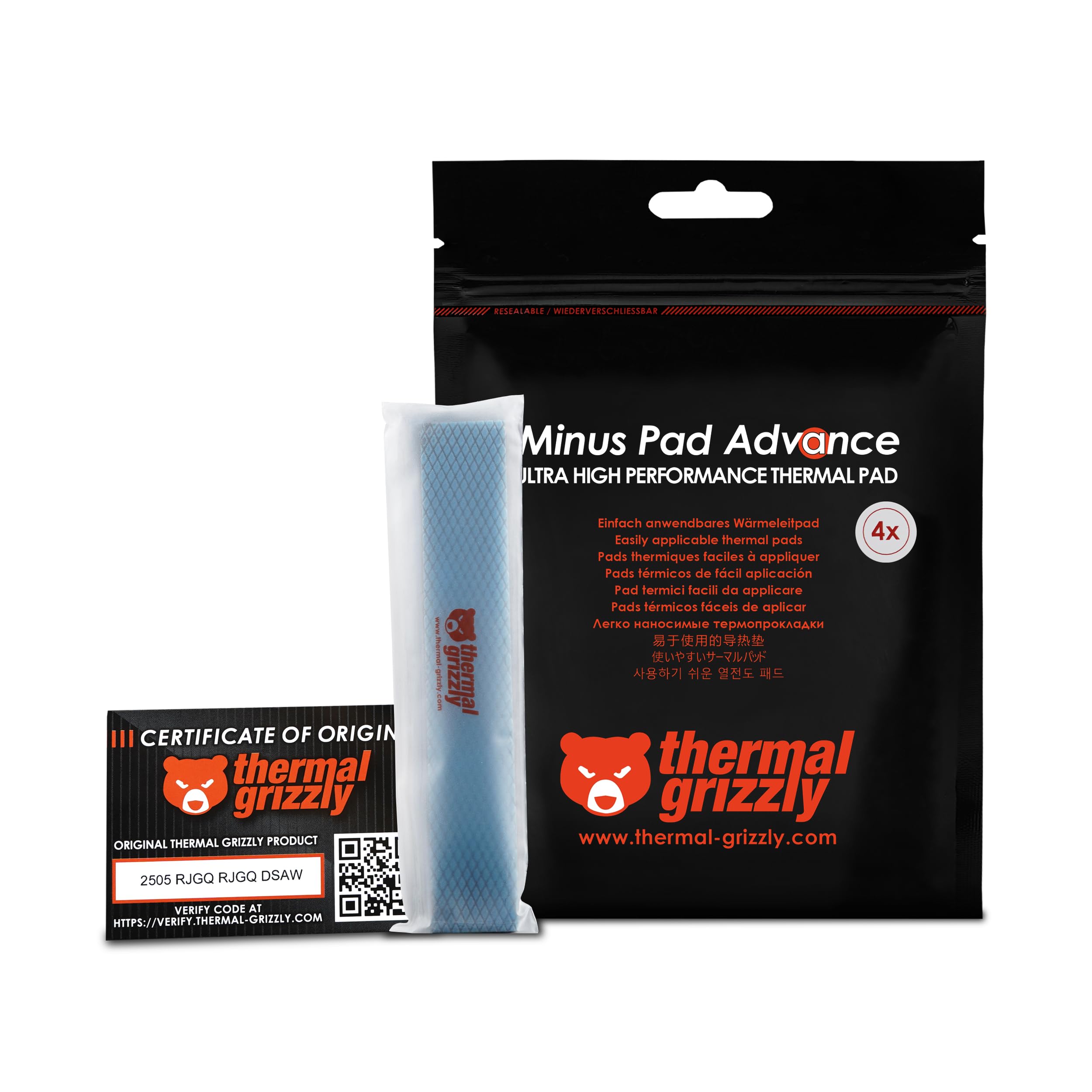 Thermal Grizzly Minus Pad Advance – 4-Pack Thermal Interface Pad, 120x20x3.0mm, Electrically Non-Conductive, High Thermal Conductivity & Compressibility for SSDs, GPUs & Electronics