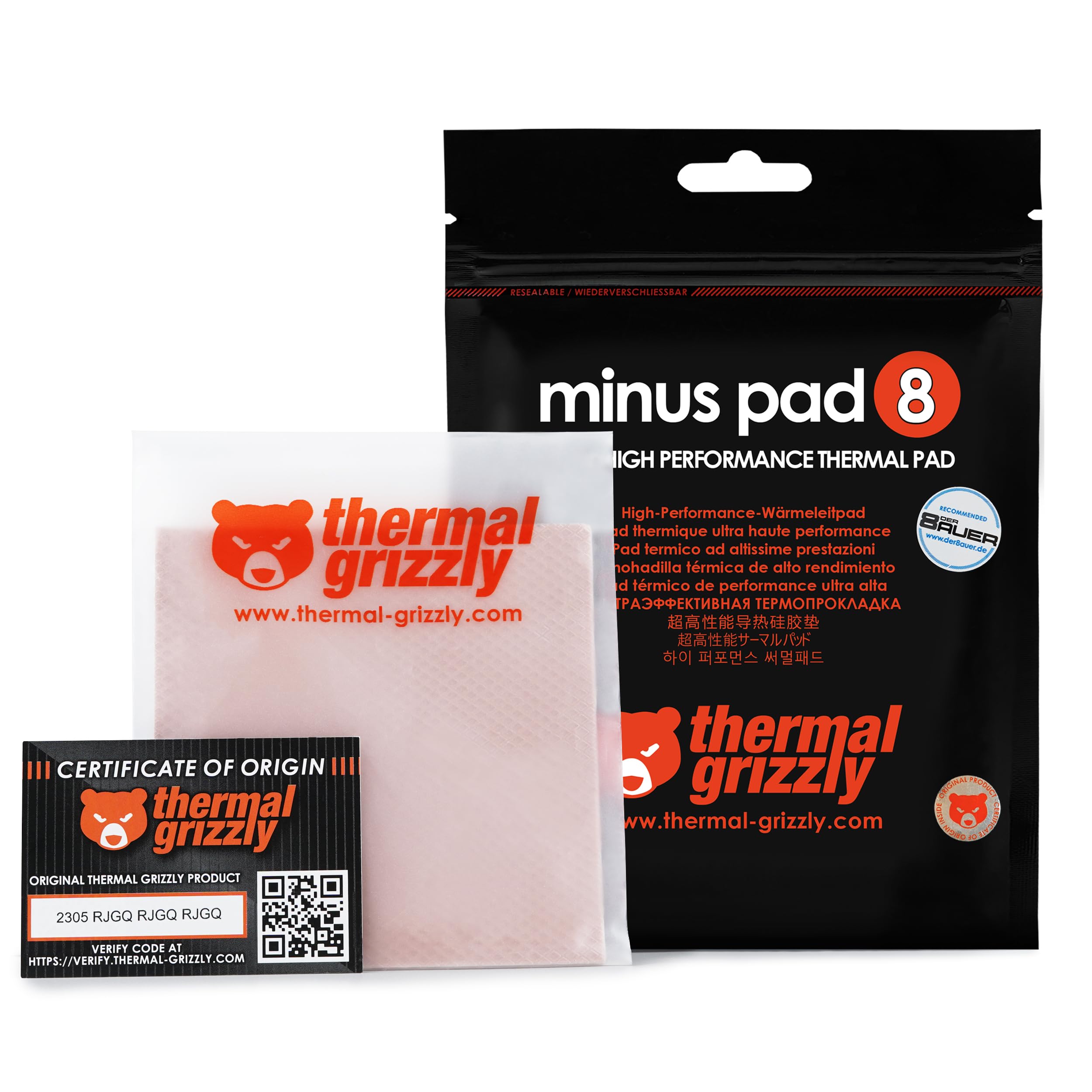 Thermal Grizzly Minus Pad 8 (100x100mm) Thermal Interface Pad, Electrically Non-Conductive, High Thermal Conductivity & Compressibility for SSDs, GPUs & Electronics
