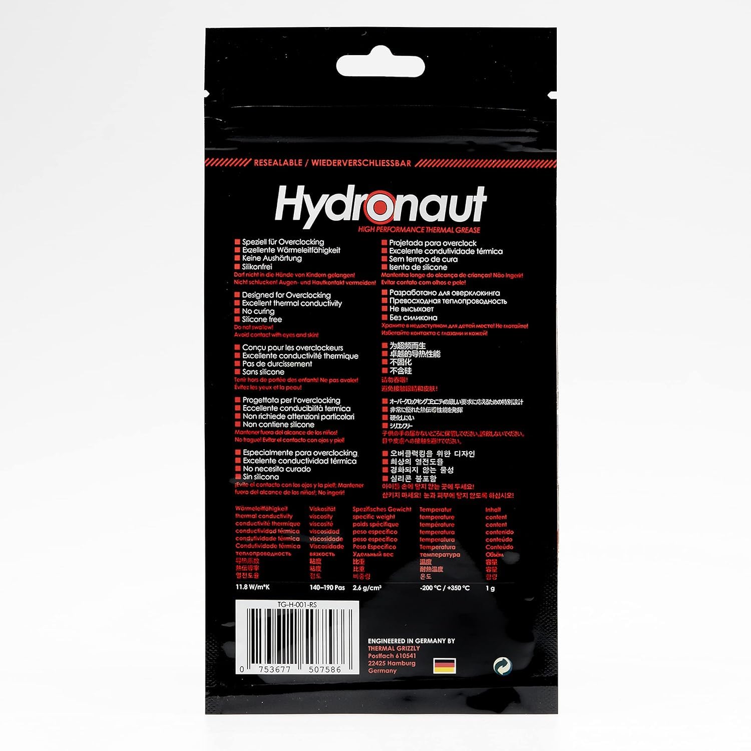 Thermal Grizzly - Hydronaut - 3 Pack 1 Gram - Conductive High Performance Thermal Paste - Ideal for Air and Water Cooling CPU/GPU/PS4/PS5/Xbox - for Large Cooling Surfaces